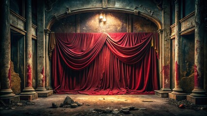 Abandoned Theater Stage: Red Velvet Curtain, Dark Stage Background - Urban Exploration Photography