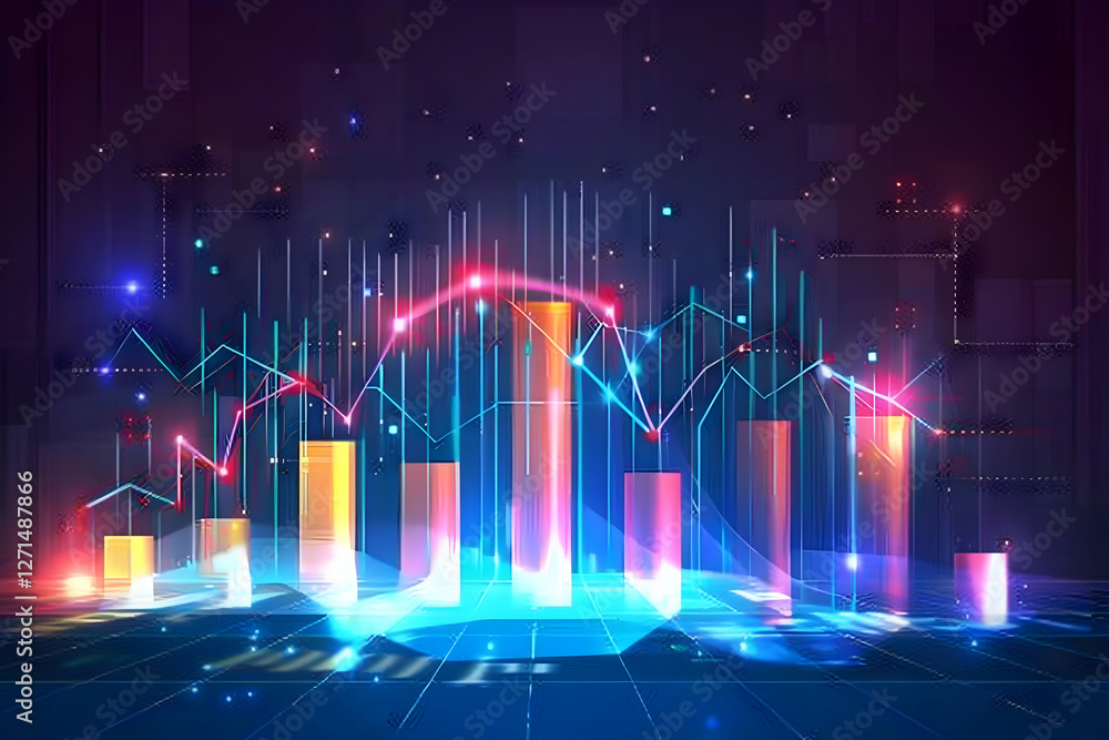 Poster colorful abstract data visualization with glowing graphs and charts on a digital background