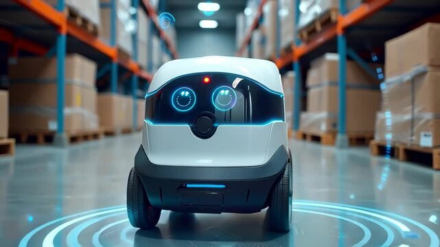 Futuristic Delivery Robot in Modern Warehouse Environment