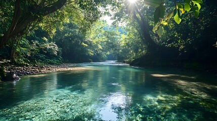 Obraz premium Serene river flowing through a lush green forest with sunlight filtering through the trees