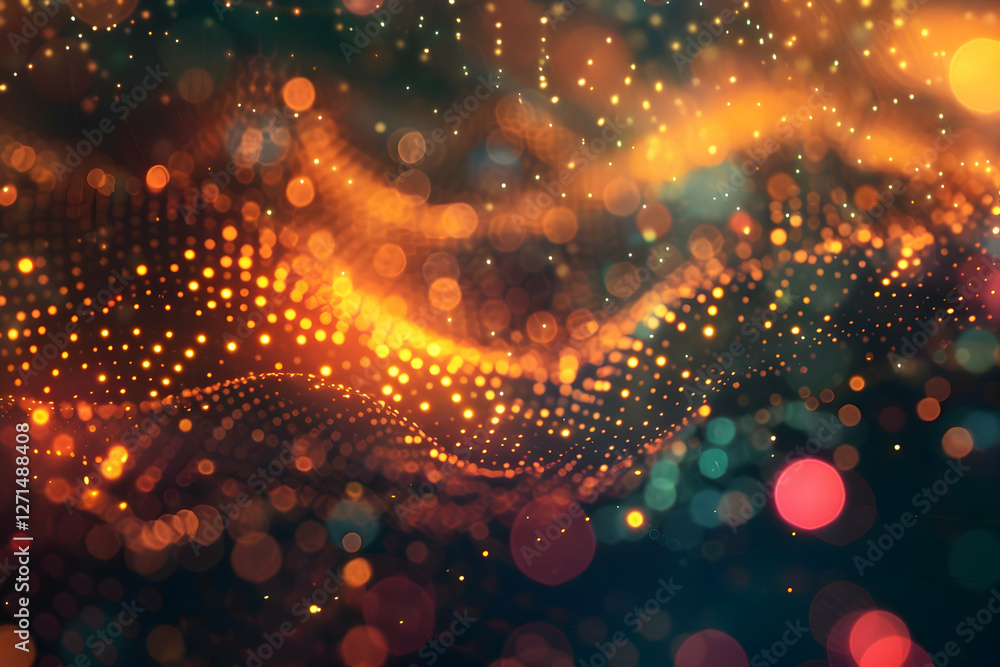 Poster abstract digital background with glowing particles creating a wavy texture in vibrant colors