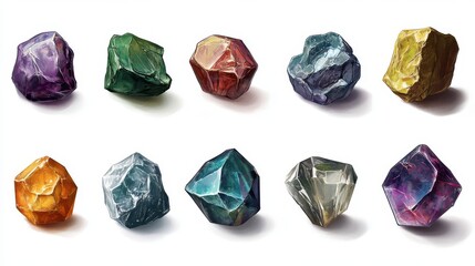 A set of icons of precious stones of different facets for fantasy style games isolated on a white background