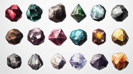 A set of icons of precious stones of different facets for fantasy style games isolated on a white background
