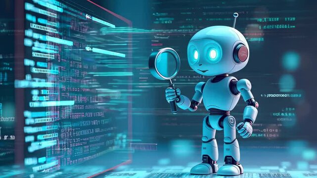 Cute robot character analyzing data on screen with magnifying glass