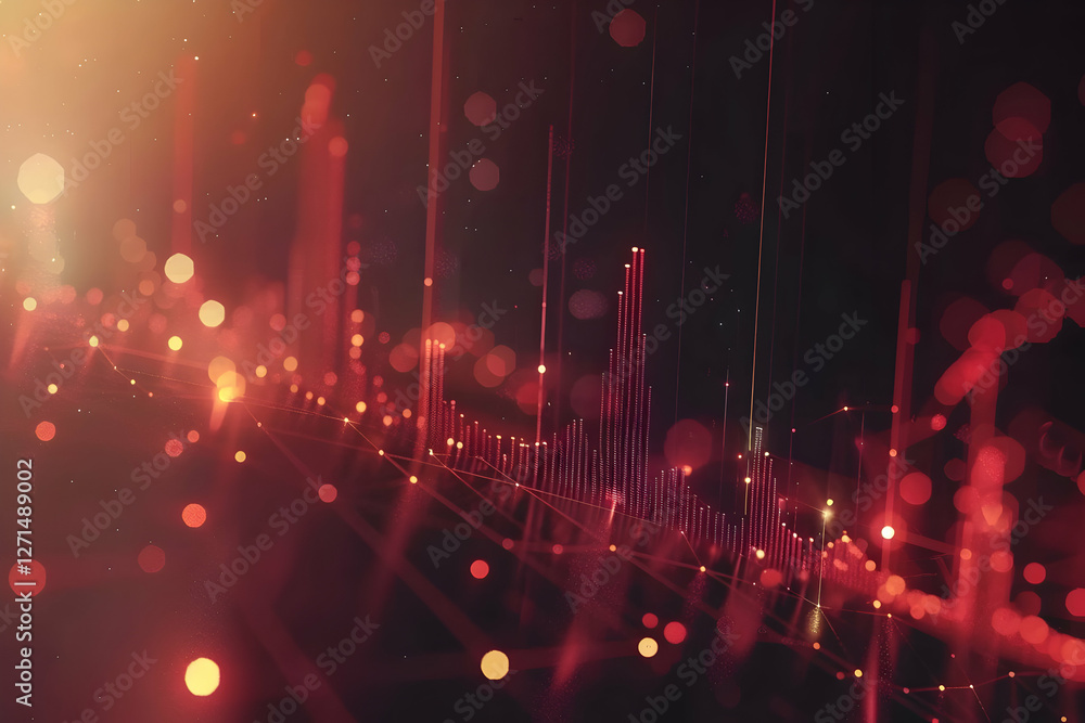 Poster abstract visualization of sound waves with vibrant colors and glowing particles in a dark space