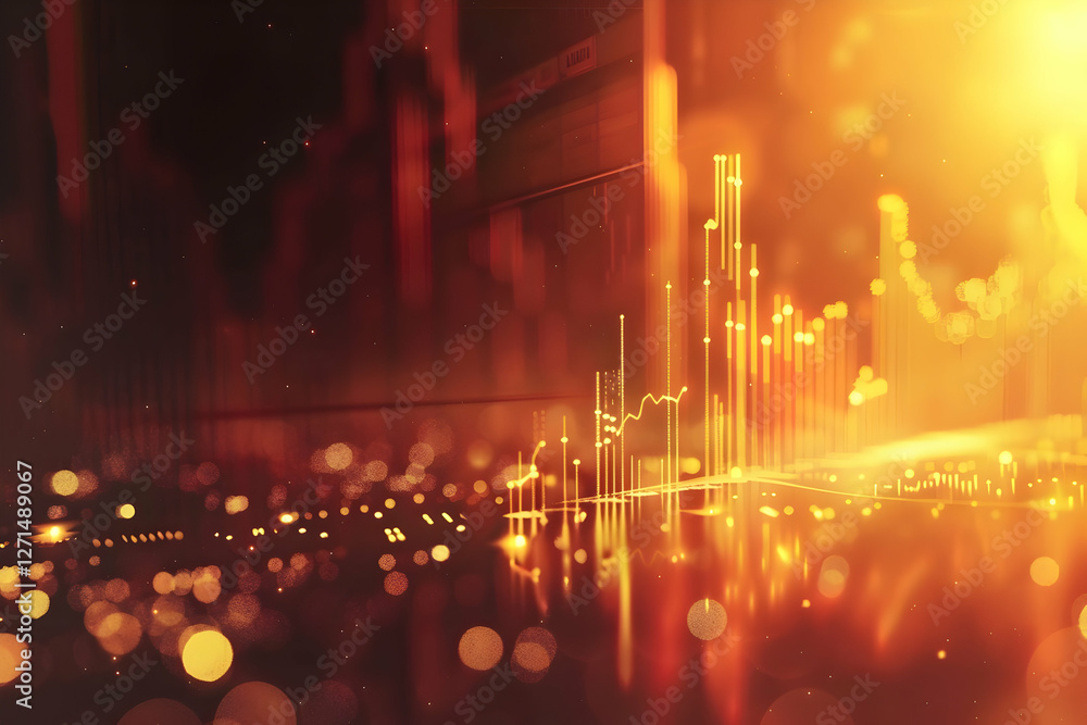 Poster abstract financial data visualization with glowing graphs and blurred cityscape background