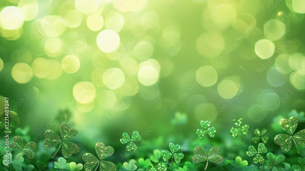 Poster emerald green lucky shamrocks floating on field of clovers with sparkling bokeh background