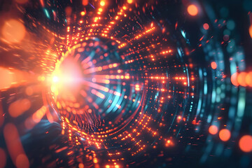 Vibrant abstract light patterns swirling in a digital tunnel, creating a sense of depth and motion