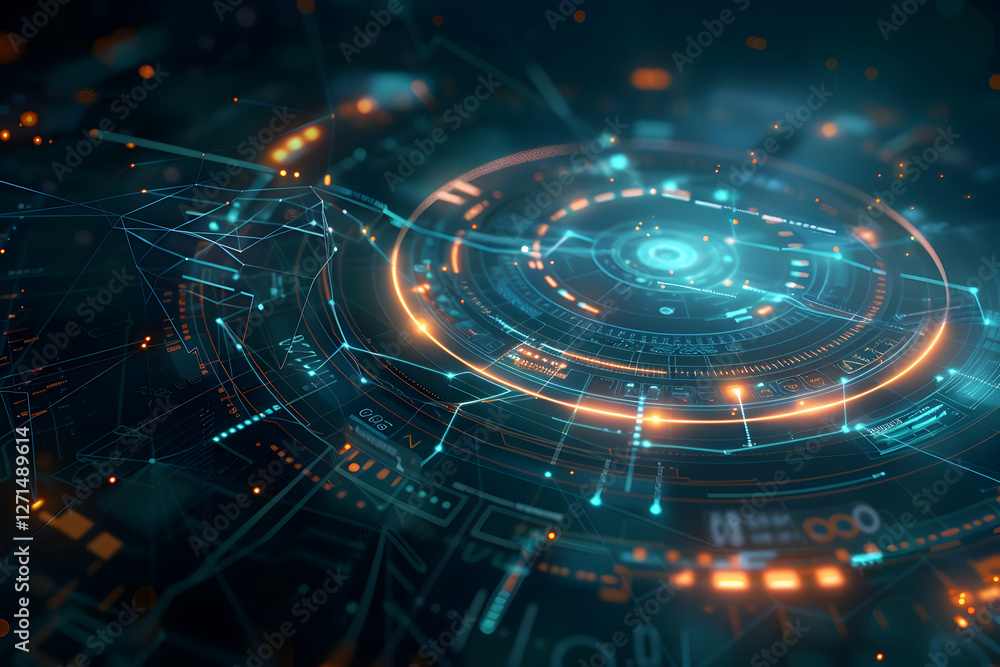 Poster futuristic digital interface displaying complex data visualization with glowing elements