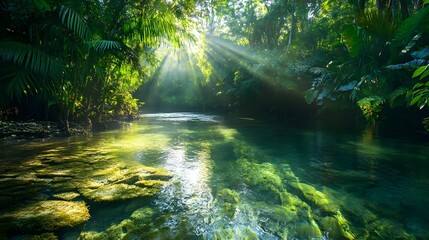 Serene tropical river flowing through lush green jungle with sun rays illuminating the water