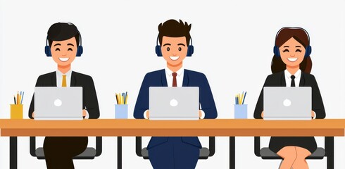 Personalized customer service enhances support. Three professionals working on laptops with headsets at a desk.