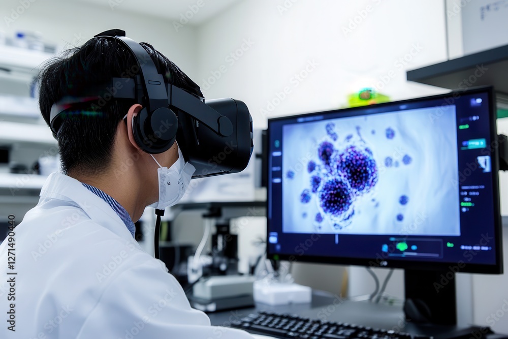 Poster a scientist using a virtual reality simulation to study the behavior of nanoparticles in a controlle
