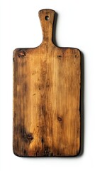 Fototapeta premium A worn wooden cutting board rests on the countertop, highlighting its grain for meal prep