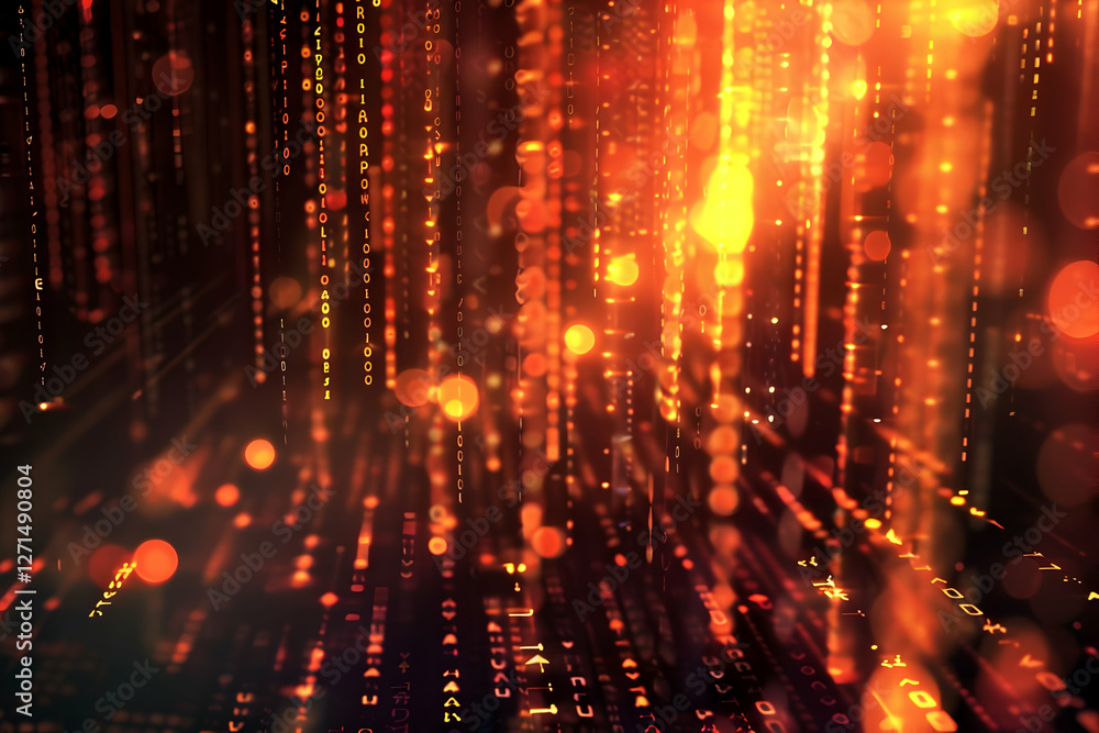 Poster abstract representation of digital data flow with glowing particles in a vibrant orange background