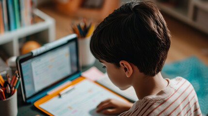 young boy focused on digital tablet for homeschooling