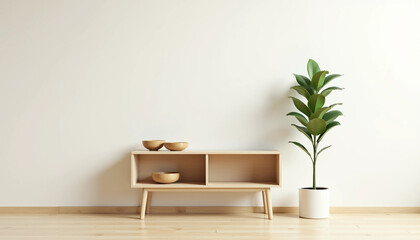 Lowline bookcase, light wood, four cubbies, two bowls, minimalist, modern, plant, white wall, wood floor.