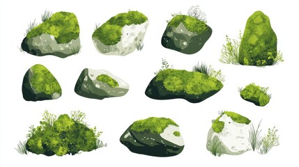 A set of isolated illustrations . Rocks and stones covered with moss