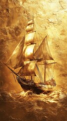 Golden Vintage Sailing Ship on Reflective Water