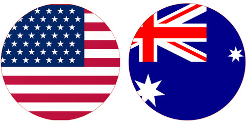 USA America National Flag With Australia Official Flag. Both Countries National Flags are in Round Shape and Isolated On White Background. Circular Colorful Countries Flags Design with Together. 