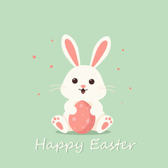 White easter bunny with pink egg sitting on green background, Happy Easter text at the bottom. Postcard for the Easter holiday.