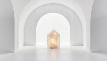 Lighted crystal in minimalist white archway interior