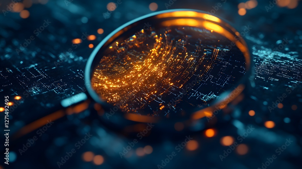 Poster magnifying glass over digital data visualization in dark setting