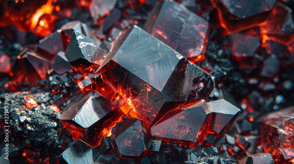 Poster Bright red mineral crystals are clustered together, reflecting light and showcasing sharp edges in a dark geological environment filled with striking textures and colors.