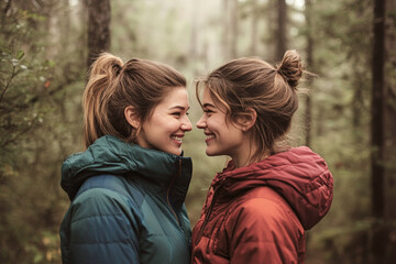 Fototapeta premium Two hikers smiling and sharing a moment in forest