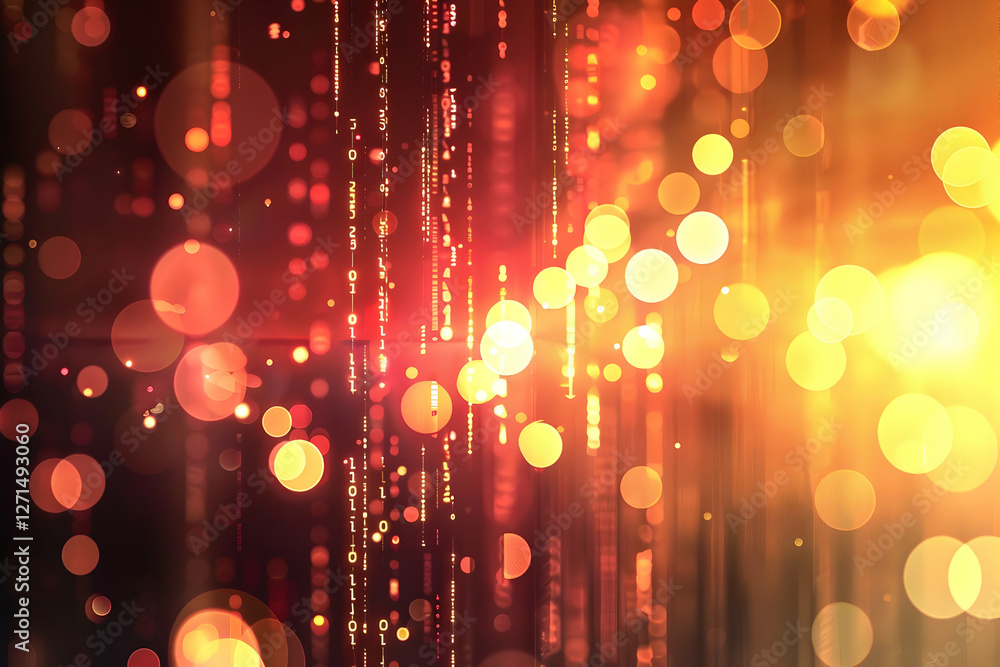 Poster abstract light patterns with glowing orbs and lines creating a vibrant digital atmosphere