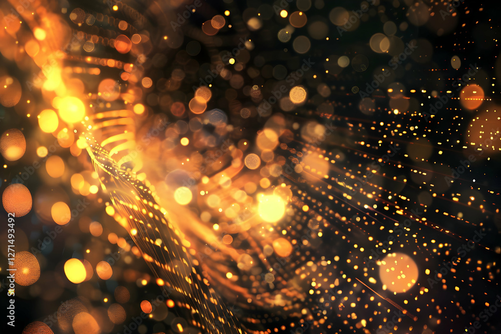 Poster abstract depiction of glowing particles swirling in a dark background, creating a mesmerizing effect