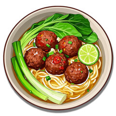 meatballs with tomato sauce and basil (bakso kuah dengan sayur dan pentol) indonesia