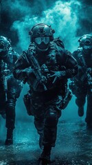 Fototapeta premium Special forces soldiers swiftly navigate a smoky area, displaying skill and precision