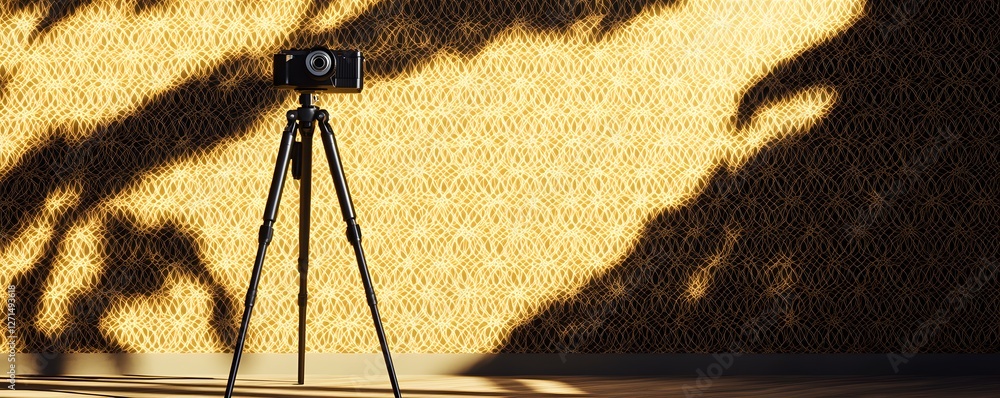 Poster camera rests on a tripod against patterned wall with shadows