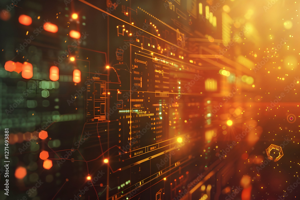 Poster abstract digital interface with glowing elements and data visualizations in warm tones
