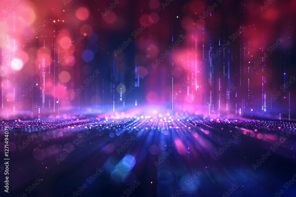 Poster vibrant abstract digital landscape with colorful light beams and bokeh effects in the background