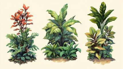 Fototapeta premium A set of jungle plants in a hand-drawn style