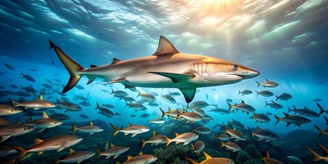 Fototapeta premium Majestic Ocean Predator A Grey Reef Shark Tranquilly Surveys a School of Fish in a Sun-Drenched Underwater Scene