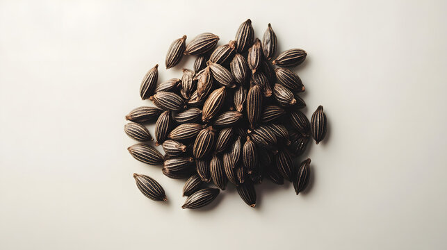 Black cumin seeds arranged carefully in a small pile on a white background, showing the distinct texture and dark color of the seeds.Black cumin seeds arranged carefully in a small pile on a white bac