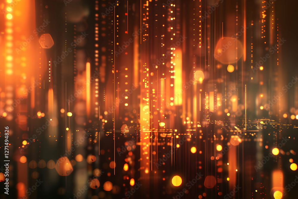 Poster abstract digital background with glowing vertical lines and bokeh lights in warm colors