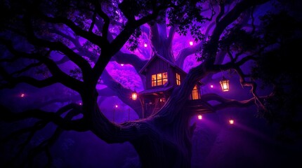 A spooky haunted house silhouette stands against the dark Halloween night sky, with bats flying under the light of the moon