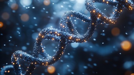 Glowing DNA double helix strand against a dark blue bokeh background.