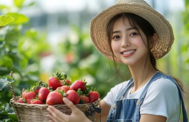 Happy Asian woman farmer picking strawberries in a field on a sunny day