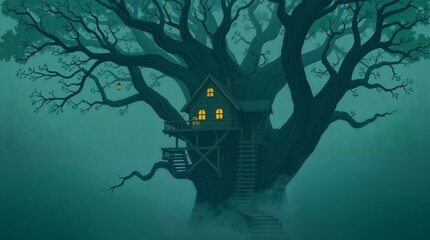 Spooky haunted house with bats flying in the dark autumn night under a full moon