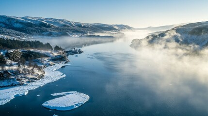 Fototapeta premium Serene Winter Landscape Overlooking Misty River and Snow-Covered Hills