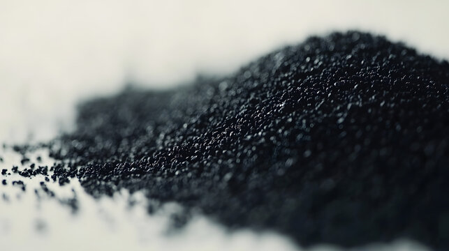Black cumin seeds scattered in a thin layer on a white surface, showing their deep black color and natural texture.Black cumin seeds scattered in a thin layer on a white surface, showing their deep bl