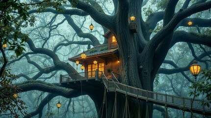 An ancient, spooky house nestled among gnarled trees in a dark forest evokes a chilling Halloween night