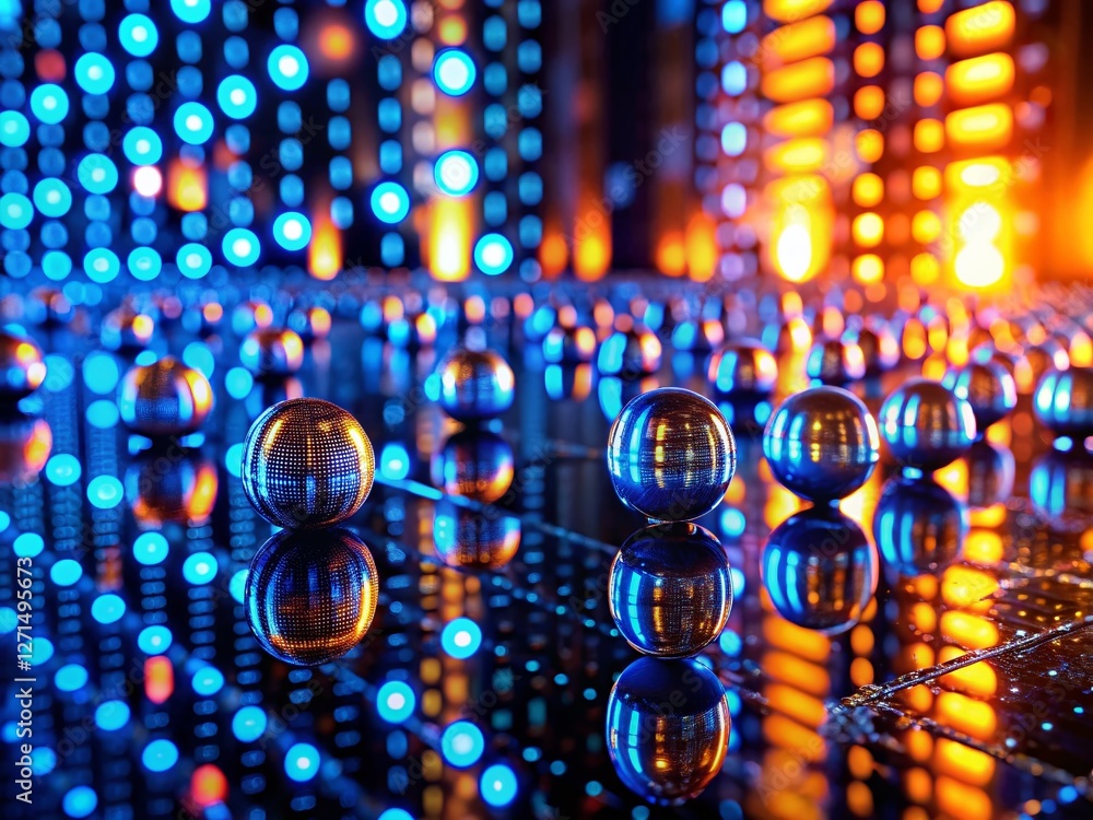 Poster abstract blue orange binary code glass surface stock photo - high depth of field
