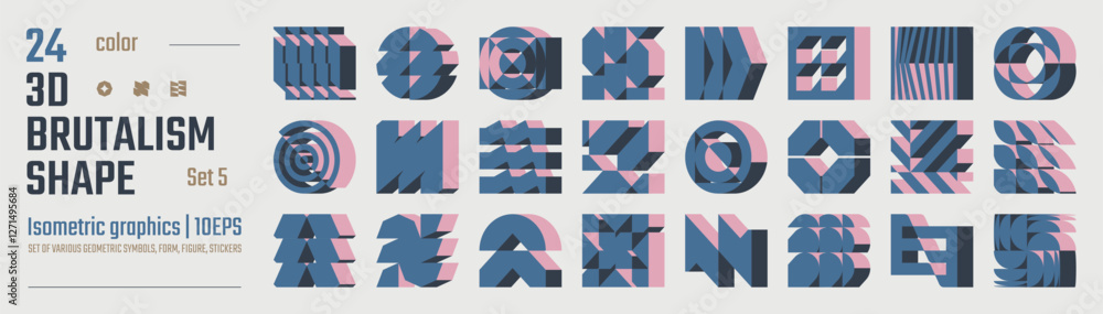 Poster 3d color postmodern abstract geometric graphic elements, brutalist vector shapes, refraction and dis