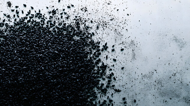 Black cumin seeds scattered in a thin layer on a white surface, showing their deep black color and natural texture.Black cumin seeds scattered in a thin layer on a white surface, showing their deep bl