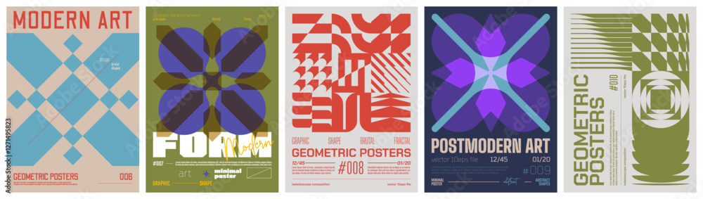 Poster set modern art colorful trendy poster, abstract geometric a4 composition graphic in y2k aesthetics, 